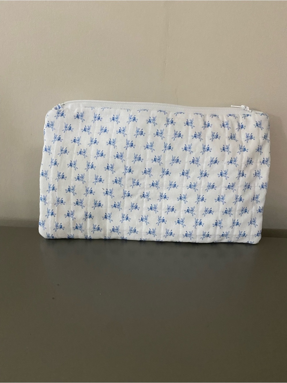White and Blue Floral Quilted Zipper Pouch - Women's Accessory